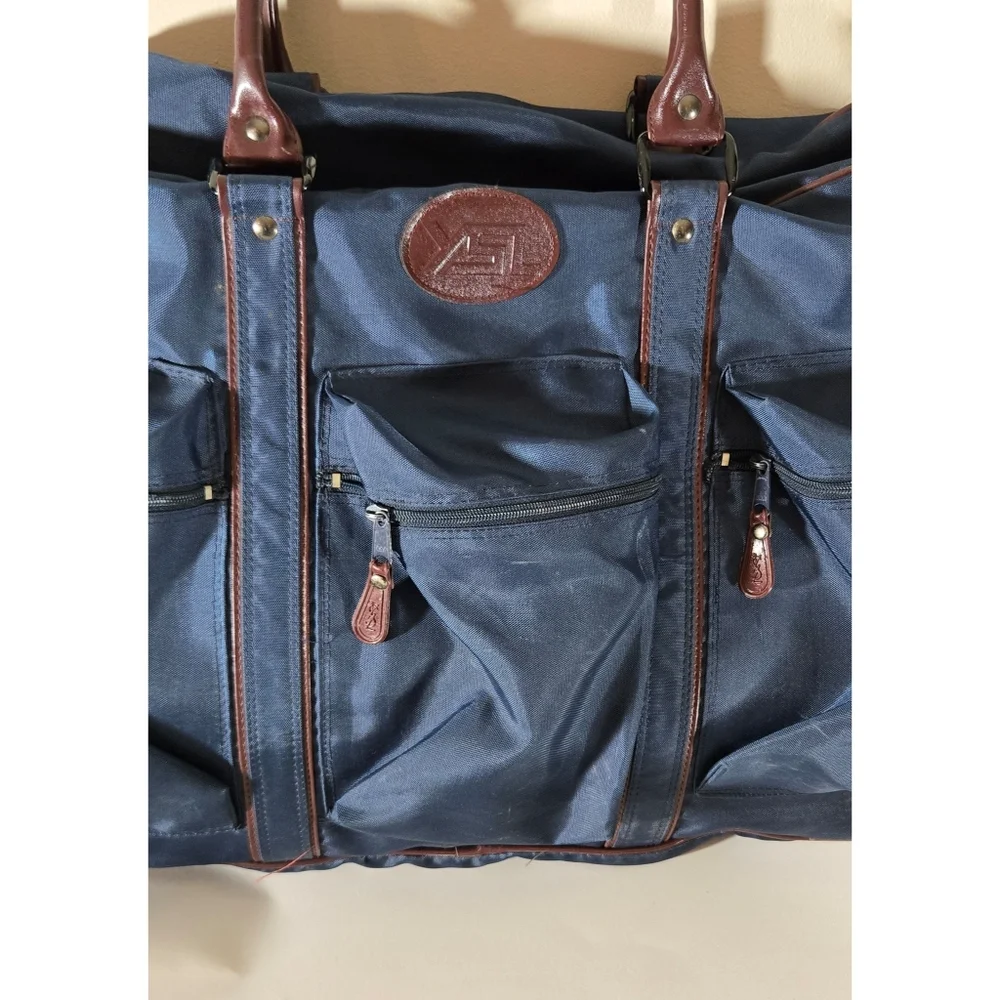 Yves Saint Laurent YSL Navy Nylon Large Travel Duffle Carry On Bag Brown Leather